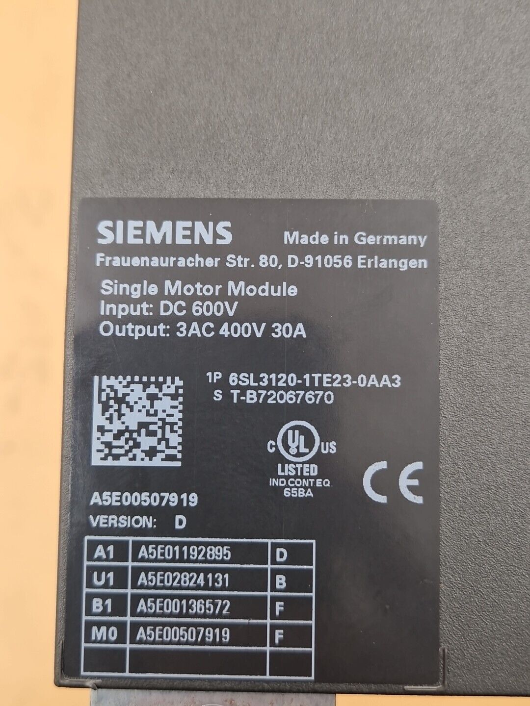 Siemens 6SL3120-1TE23-0AA3 / 6SL 3120-1TE23-0AA3 Sinamics Single Motor Module