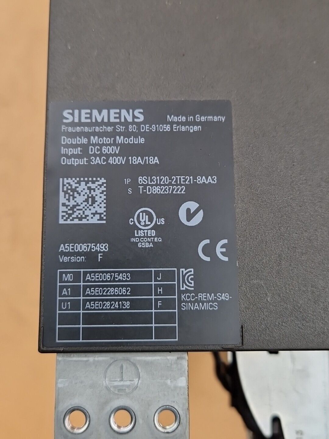 Siemens Sinamics S120 Double Motor Module 6SL3120-2TE21-8AA3 Version:F