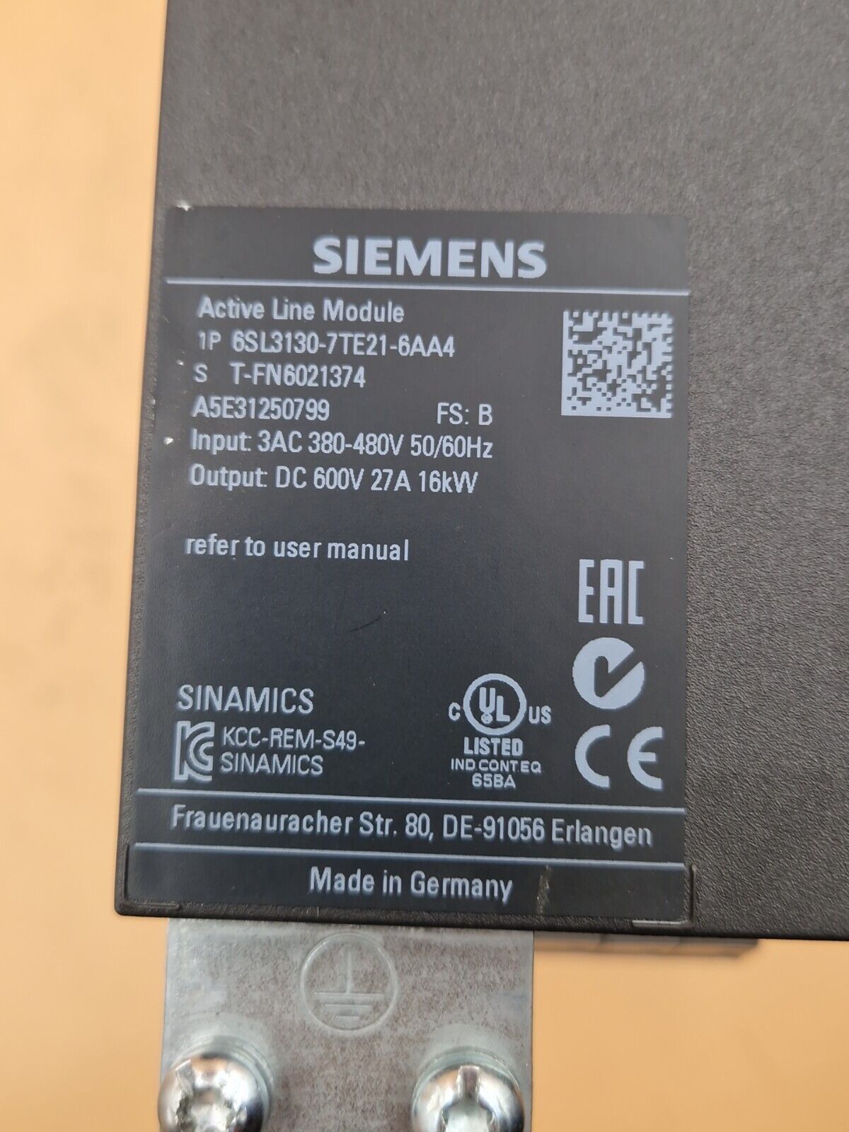 Siemens Sinamics Active Line Module,6SL3130-7TE21-6AA4,6SL3 130-7TE21-6AA4,FS:B